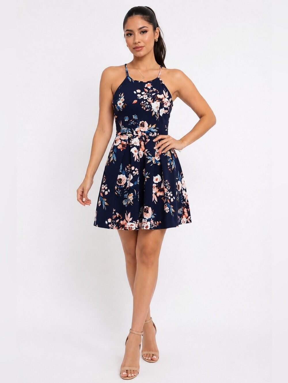 Soprano Women's Navy Floral Sleeveless Fit & Flare Dress – Size S.